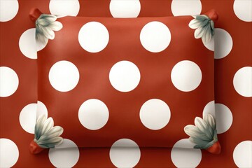 Red polka dot pillow with white dots and flowers