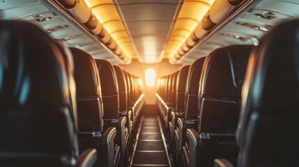 Obraz premium Empty airplane cabin with sun shining through the windows.