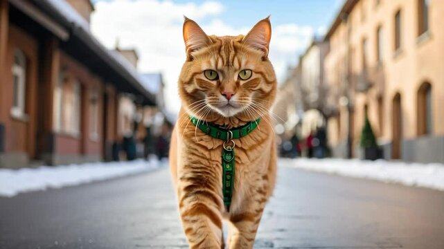 Cat Sitting in the Middle of Urban Street for City Life, Stray Pet and Urban Wildlife Scene