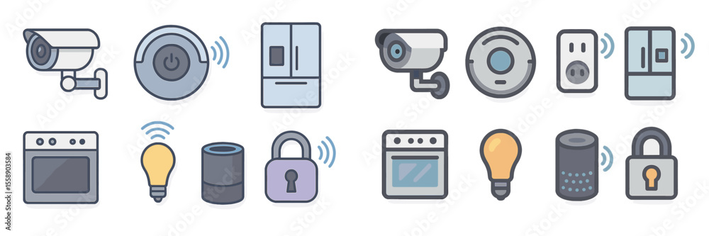 Poster modern smart home devices displayed in a creative layout showcasing various functionalities and feat