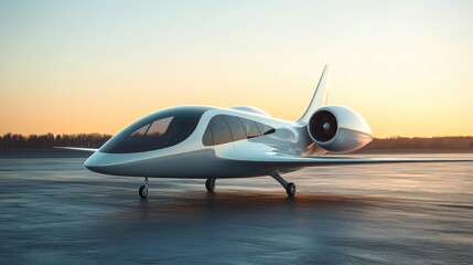 A sleek, futuristic jet aircraft with a sleek, aerodynamic design, flying against a backdrop of a clear sky and distant trees.