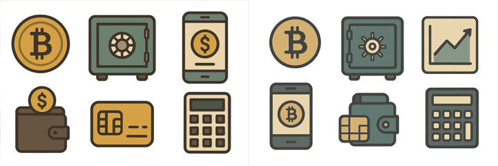 Digital cryptocurrency icons representing secure transactions and financial growth in a minimalist style