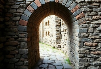 Ancient stone wall, weathered brick archway, rough texture, design, aged