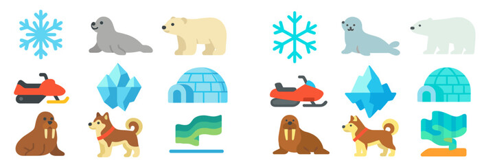Colorful illustrations of Arctic animals, snowmobiles, and icy landscapes showcasing winter adventures and northern wildlife