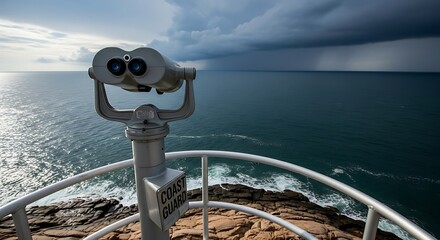 Coastal Viewpoint Binoculars overlooking Dramatic Ocean and Storm Clouds