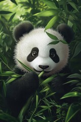 Obraz premium Baby panda munching on bamboo in a lush forest clearing