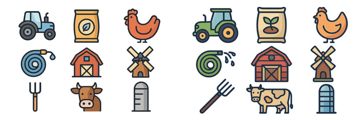 Farm icons representing various agricultural elements and tools found in a rural setting during daylight hours