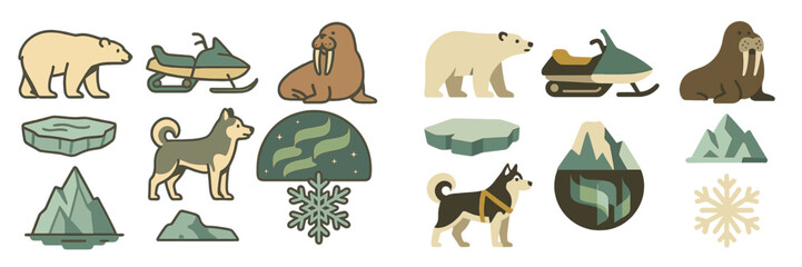 Illustrations of Arctic animals, snowmobiles, and icy landscapes depicting a winter wonderland adventure