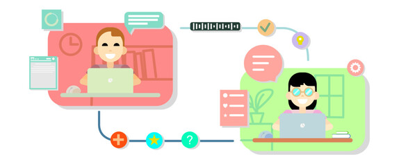 illustration of a man and a woman working together using a laptop and the internet, working from home, vector in an attractive flat coloured style.