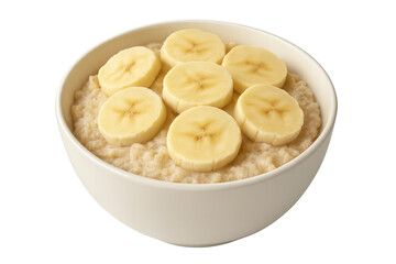 Wooden spoon near creamy oatmeal sprinkled with ripe banana slices, presenting healthy morning meal