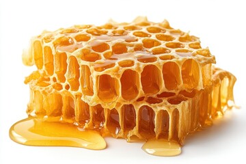 Fresh Honeycomb with Dripping Honey on a White Background