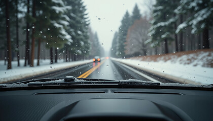Windshield view of car driving on snowy road in winter weather  