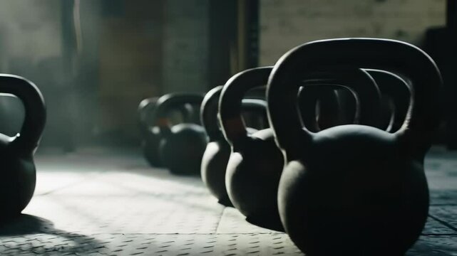 Heavy black kettlebells lined up on a dark gym floor, silhouetted for intense fitness workouts and strength training in a dedicated athletic space with no people.