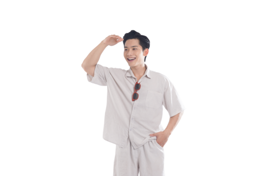 Asian guy wearing tourist clothes and sunglasses posing, travel concept