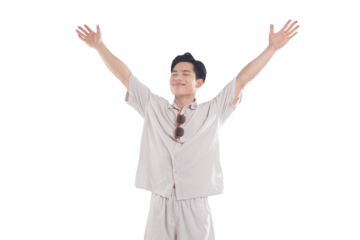 Asian guy wearing tourist clothes and sunglasses posing, travel concept