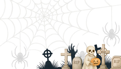 Fototapeta premium Halloween Cemetery with Skeleton and Jack-O'-Lantern – Spider Web Background 