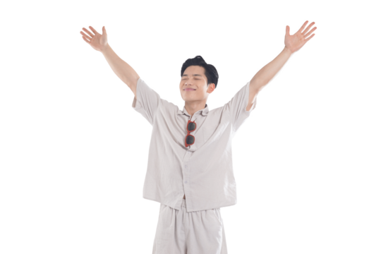 Asian guy wearing tourist clothes and sunglasses posing, travel concept