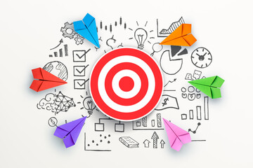 Paper planes and target icon with business strategy. Business success, Innovation and Target concept