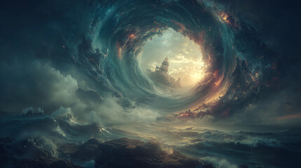 Ancient lighthouse standing against a dramatic stormy vortex