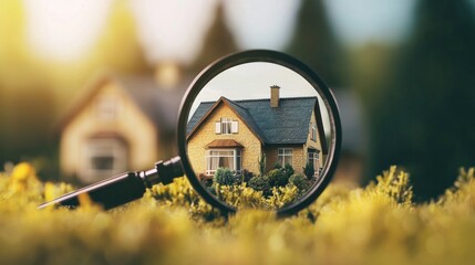 A magnifying glass focusing on a model house in a grassy field with a blurred background of trees and sunlight.