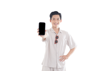portrait of asian man wearing summer shirt posing on white background