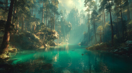 Hidden castle overlooking a tranquil turquoise river in a pine forest