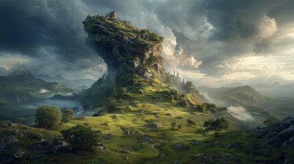 Solitary house on a colossal rock formation under a stormy sky