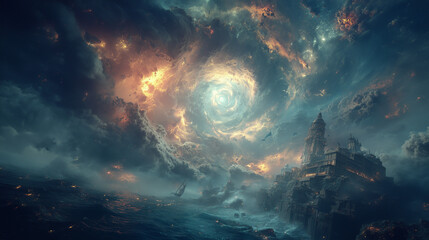 Cliffside city against a fiery celestial maelstrom