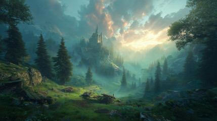 Misty morning in a fantasy valley with a distant castle