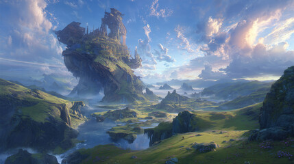 Epic vista of a city built on a giant mountain in a lush valley