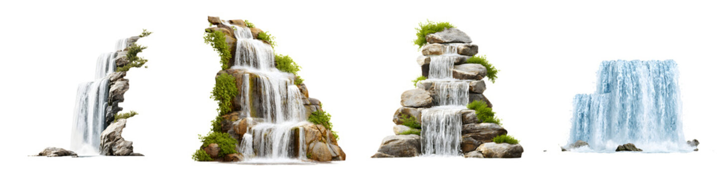 Collection of Miniature Waterfalls with Rocks and Moss Isolated