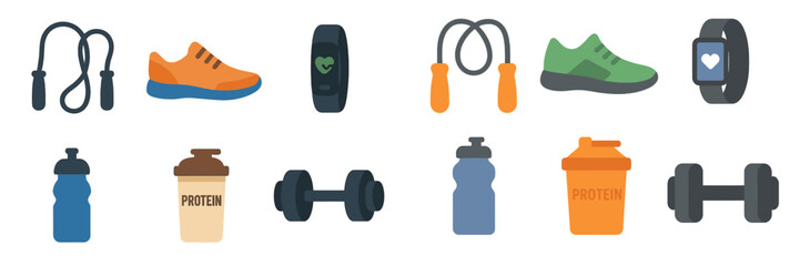 Equipment for a fitness routine featuring shoes, jump rope, weights, and protein supplements arranged in a neat layout