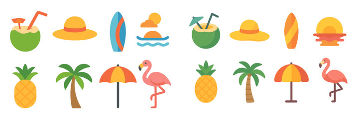 Colorful summer icons representing beach activities, tropical drinks, and vibrant sunsets in a fun, playful design for vacation themes