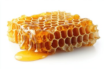 Fresh Honeycomb Dripping with Golden Honey on White Background