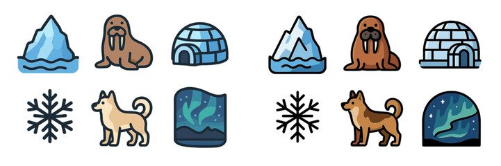 Playful Arctic-themed illustrations featuring animals, nature, and northern lights in a vibrant design