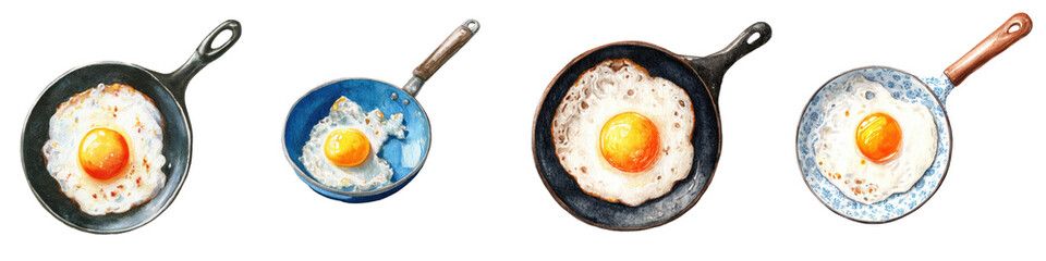 Fried Egg Collection: Watercolor Illustrations in Frying Pans Isolated on White