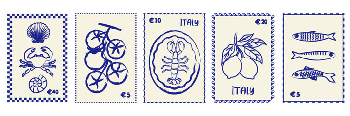 Mediterranean stamp card design. Vintage Italian print with seafood, tomatoes, sardine and lemon. retro frame design for postcards, , packaging, 
menus, wall art and invitation cards.
