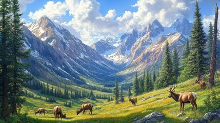 Elk herd grazing in a lush mountain meadow, framed by towering peaks