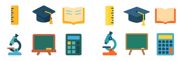 School supplies and educational tools arranged in a colorful and organized layout for students and teachers