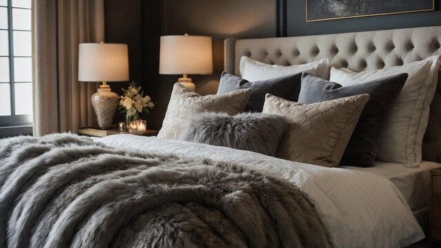 Luxurious bedroom with plush bedding and elegant decor.