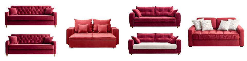 Collection of Burgundy Sofas and Couches on White Background
