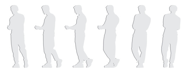 Vector concept conceptual gray paper cut silhouette of a man with headphones listening to music from different perspectives isolated on white. A metaphor for leisure,  relaxation and lifestyle