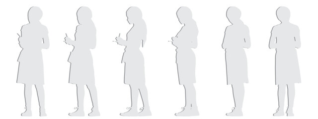 Vector concept conceptual gray paper cut silhouette of a female waiter taking an order  from different perspectives isolated on white background. A metaphor for working, business, relaxation and lifes