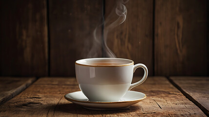 Obraz premium A cup of hot tea placed on a rustic wooden surface. In the foreground, include a vintage wooden plank or board with visible grain texture, leaving empty space for product display or text overlay. 