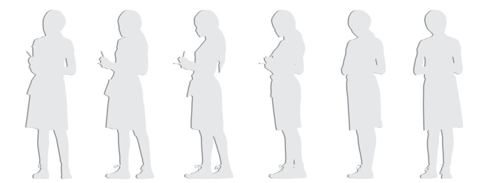 Vector concept conceptual gray paper cut silhouette of a female waiter taking an order  from different perspectives isolated on white background. A metaphor for working, business, relaxation and lifes