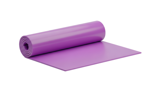 Purple Yoga Mat Rolled Out on White Background for Exercise and Fitness