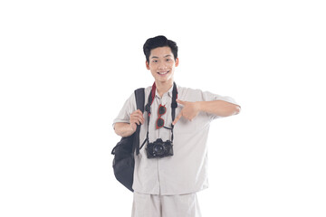 Asian Traveler with Camera: An Asian traveler, ready for adventure, stands confidently with a...
