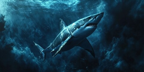 Fototapeta premium Great white shark gliding through deep blue waters, menacing yet majestic