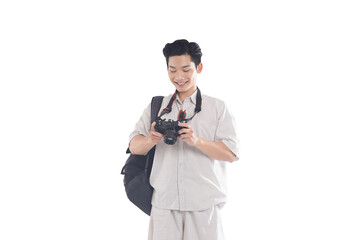 Enthusiastic Photographer with Camera: A young photographer, beaming with excitement, holds a...