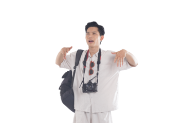 Adventurous Explorer: A spirited male traveler is captured in a dynamic pose, with a camera and backpack ready for an adventure, hinting at wanderlust and exploration